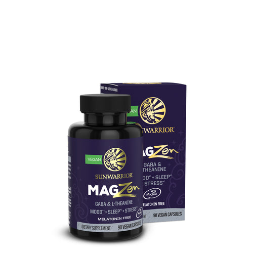 Sunwarrior MAG Zen dietary supplement bottle and box with vegan capsules for mood and sleep support