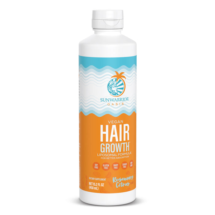 Bottle of Sunwarrior Oasis vegan hair growth formula with rosemary citrus flavor and blue and orange label