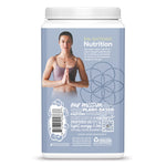 Container label showing a woman in yoga pose with text about plant-based nutrition and wellness.