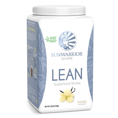 White container of Sunwarrior Shape Lean vanilla flavored plant-based superfood shake with blue leaf design