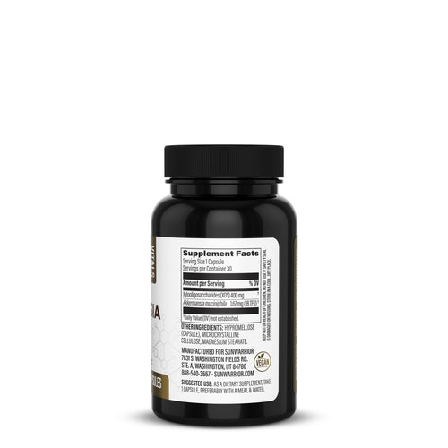 Black supplement bottle with a white label showing supplement facts and ingredient details.