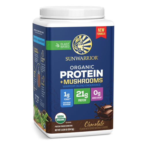Organic Protein with Adaptogenic Mushrooms - Warrior Blend Endurance Chocolate Plant-based Protein Sunwarrior 25 Servings