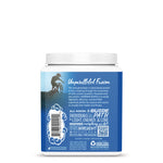 Container of plant-based protein powder with blue label and cyclist silhouette design on back view