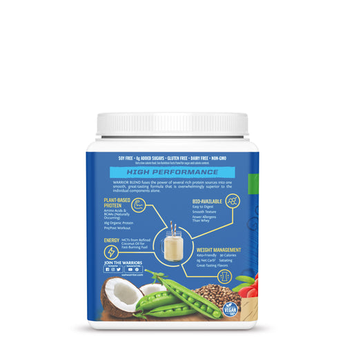 Back of blue plant-based protein powder container with nutrition and ingredient illustrations