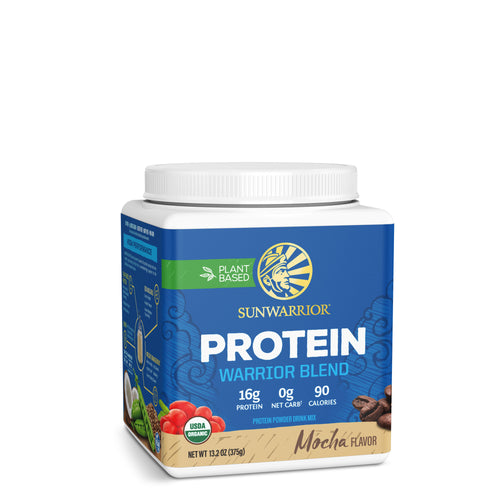 Sunwarrior plant-based protein powder container with mocha flavor and nutrition details visible