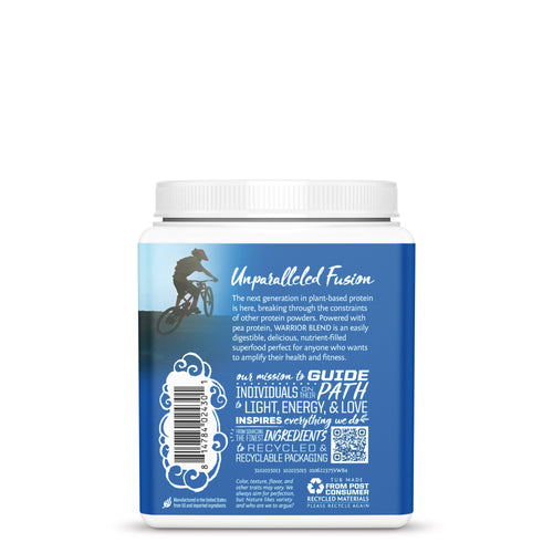 Back of blue container with white lid showing text, a cyclist silhouette, and recycling symbols for vegan protein powder.